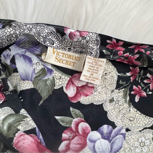 VTG Victoria Secret Gold Label Black Floral Satin Lace Trim Nightie Slip Dress M - Picture 8 of 15